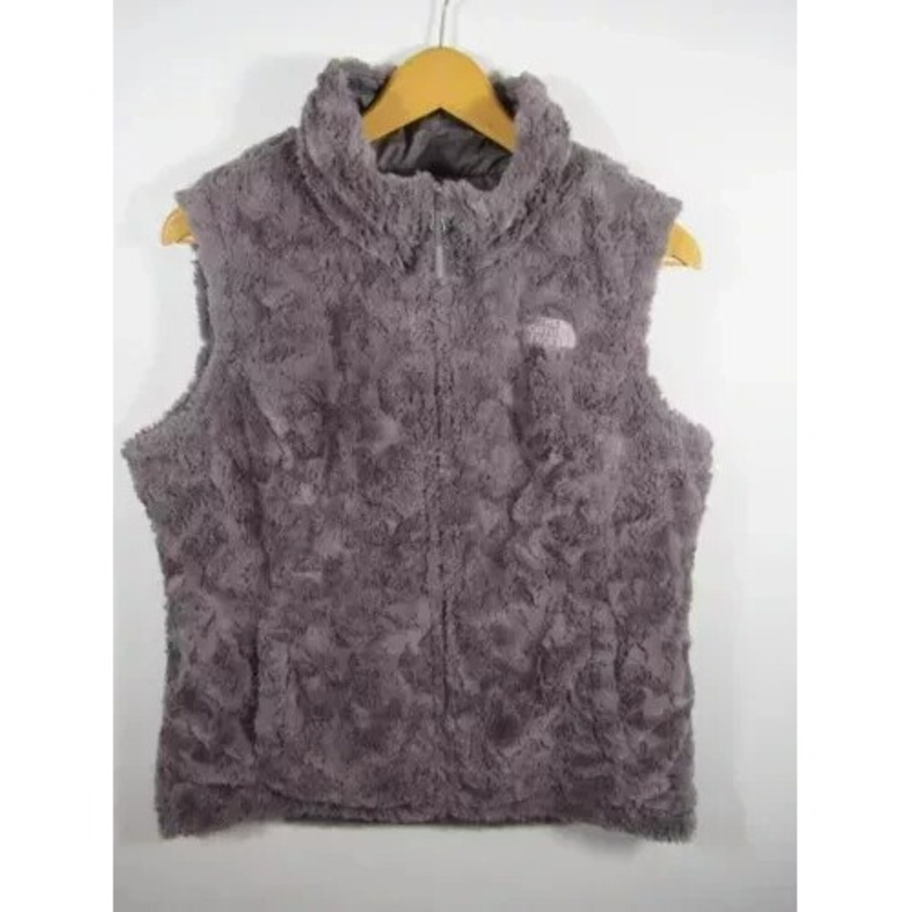 The North Face Faux Fur Quilted Reversible Vest Women Large Full Zip Purple-Gray